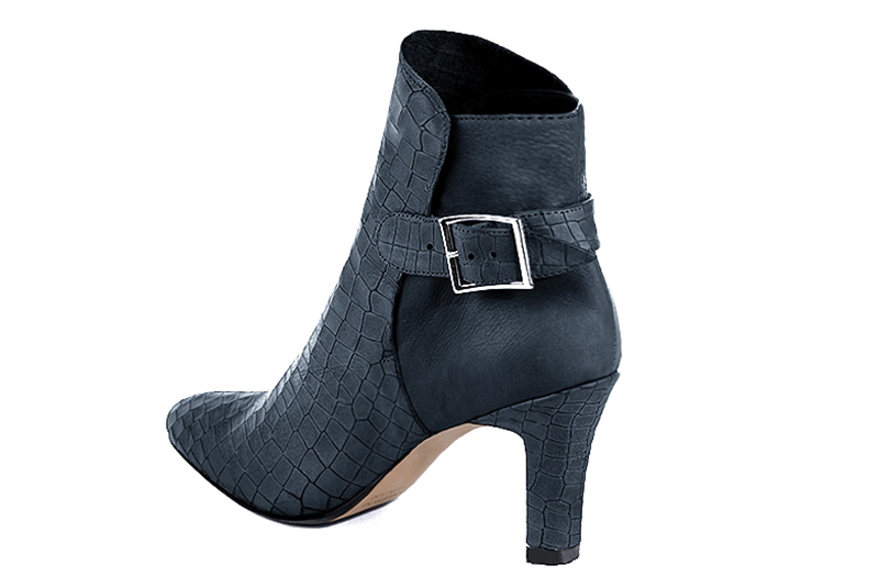 Women's denim blue elegant ankle boots, with buckles at the back. Round toe. High kitten heels - Rear view